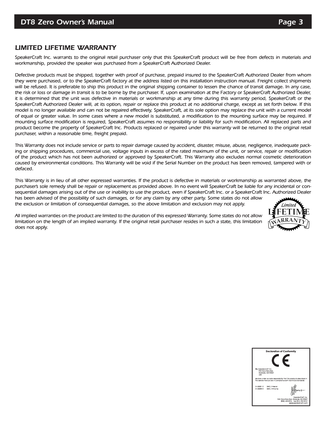 SpeakerCraft DT8 ZERO specifications Limited Lifetime Warranty, Page, Declaration of Conformity 