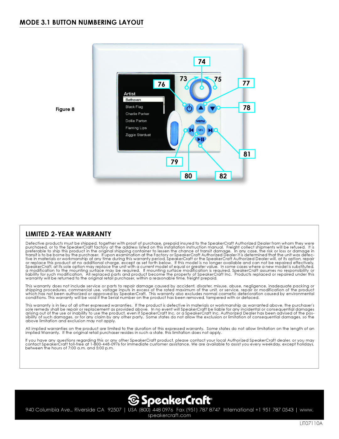 SpeakerCraft ERS-1.0 owner manual Mode 3.1 Button Numbering Layout Limited 2-YEAR Warranty 