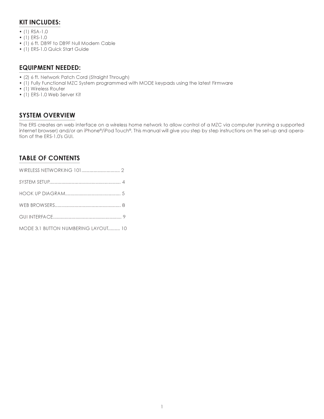 SpeakerCraft ERS-1.0 owner manual KIT Includes, Equipment Needed, System Overview, Table of Contents 