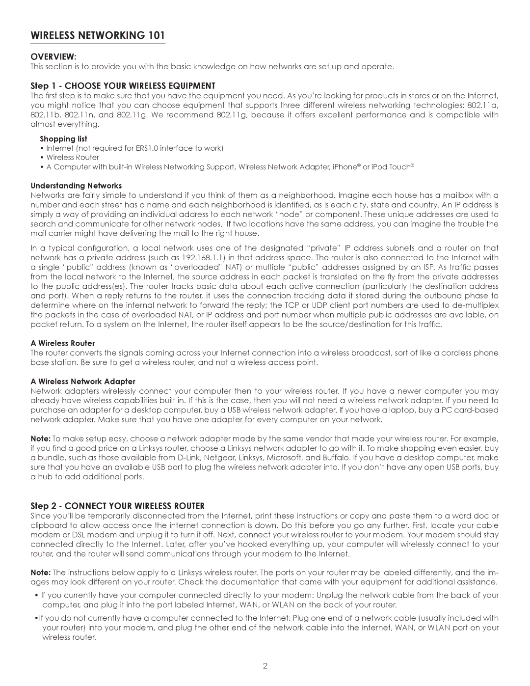 SpeakerCraft ERS-1.0 owner manual Wireless Networking, Choose Your Wireless Equipment, Connect Your Wireless Router 