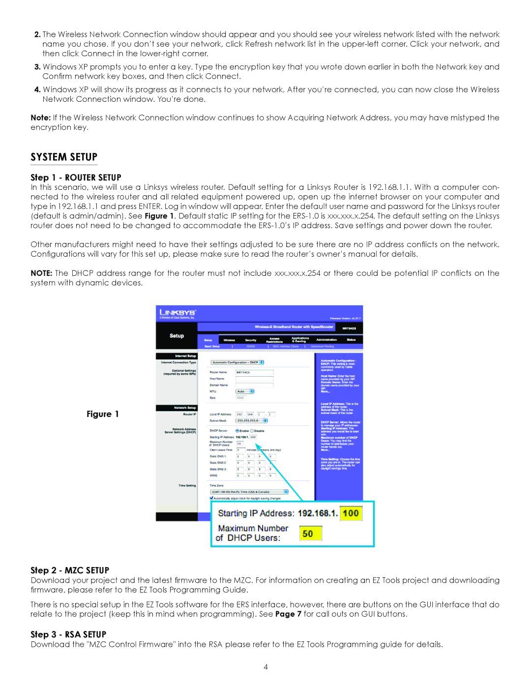 SpeakerCraft ERS-1.0 owner manual System Setup, Router Setup, MZC Setup, RSA Setup 