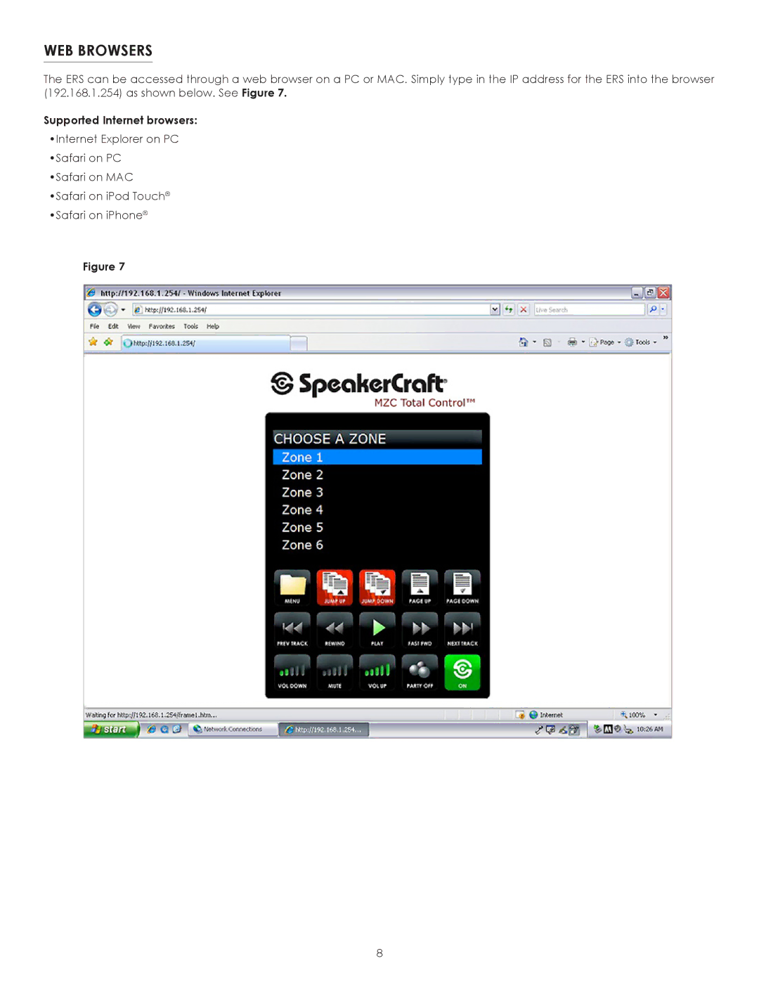 SpeakerCraft ERS-1.0 owner manual WEB Browsers, Supported Internet browsers 