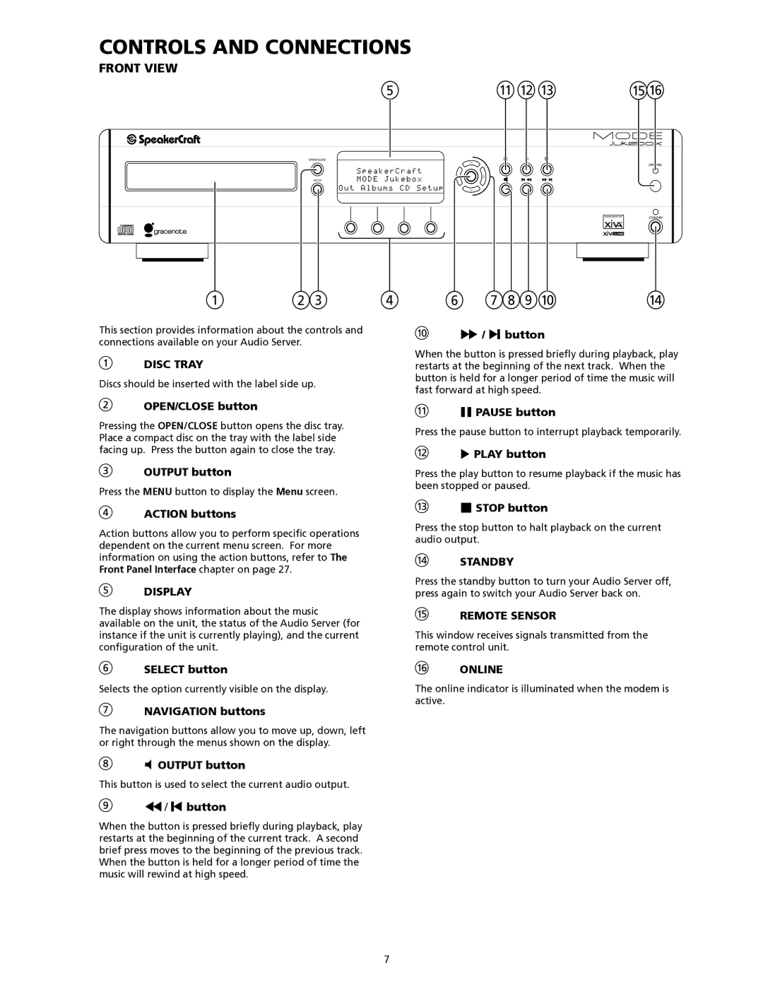 SpeakerCraft Home Theater Server manual Controls and connections, Front view 