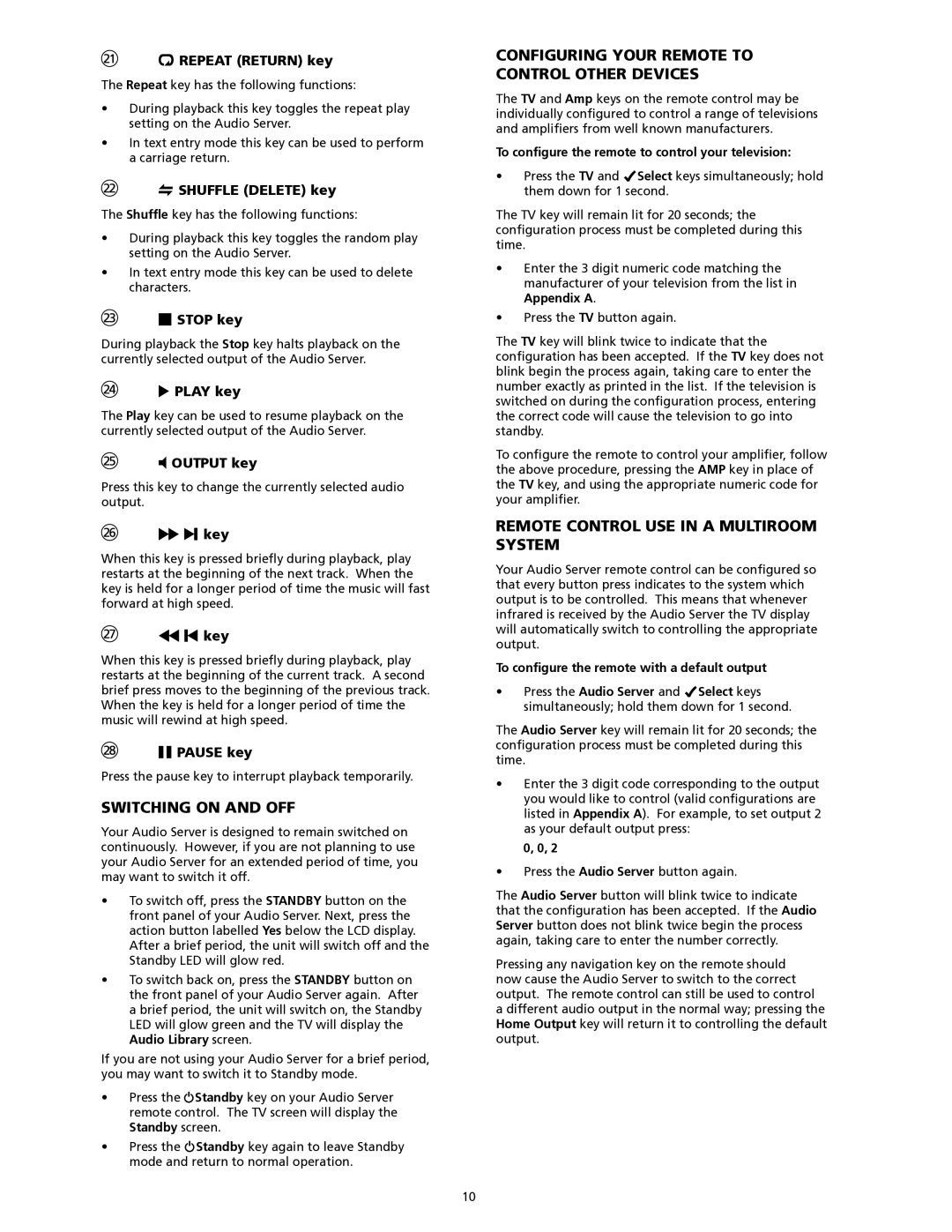 SpeakerCraft Home Theater Server manual Switching on and off, Configuring your remote to control other devices 