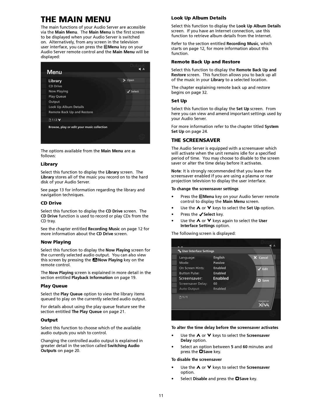 SpeakerCraft Home Theater Server manual Main menu, Screensaver 