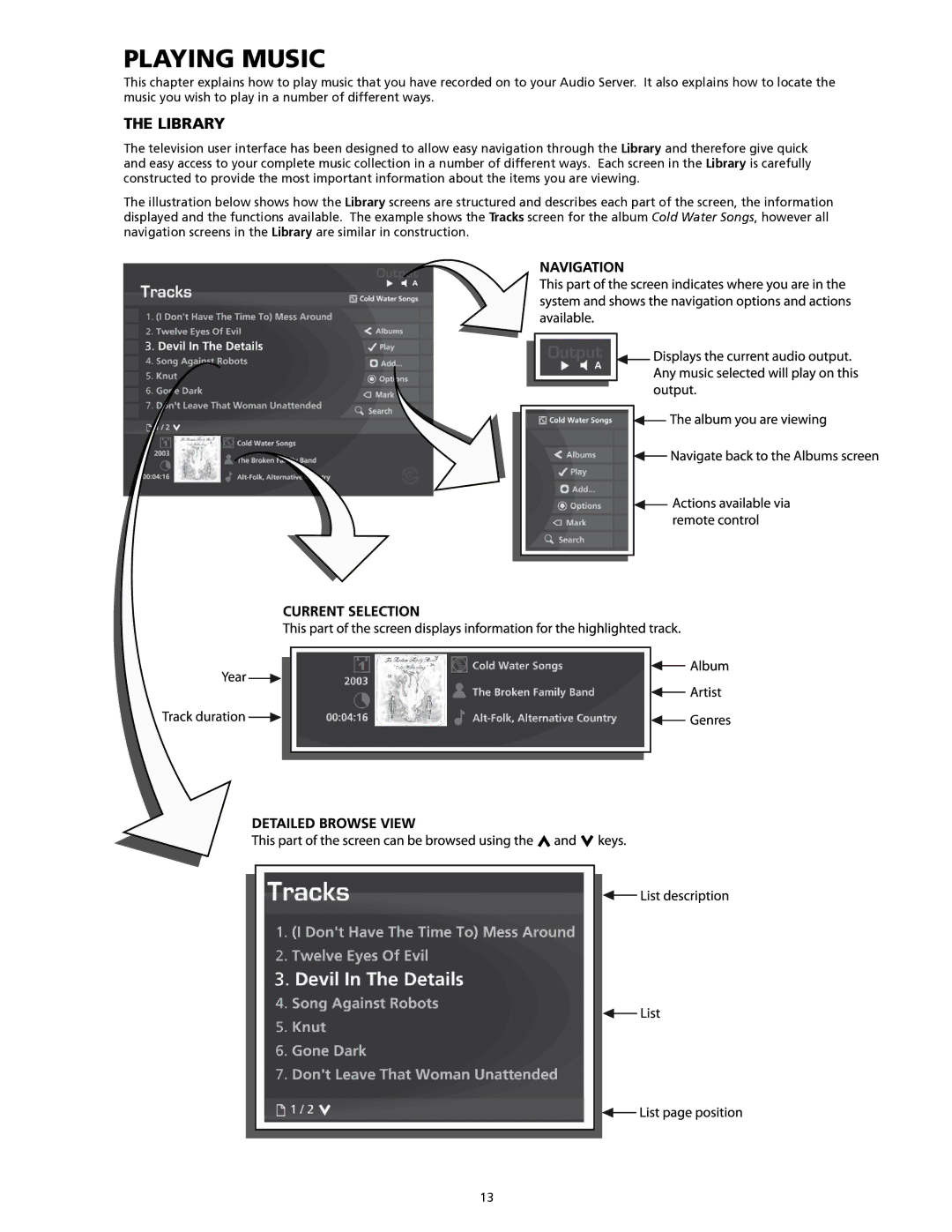 SpeakerCraft Home Theater Server manual Playing music, Library 