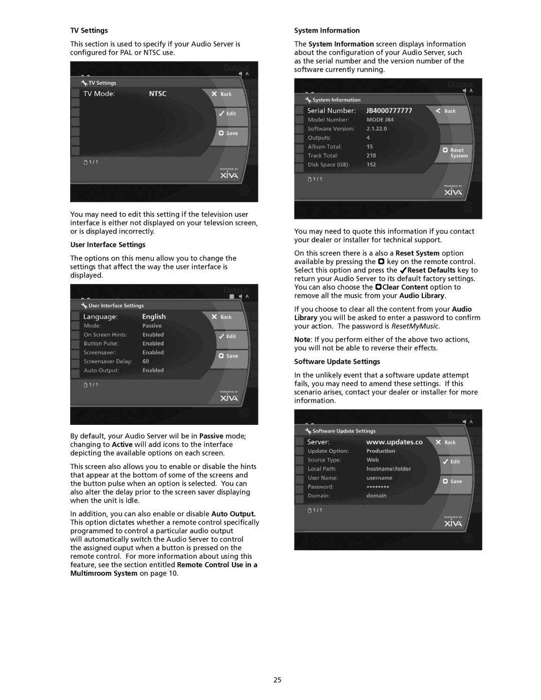 SpeakerCraft Home Theater Server manual TV Settings, User Interface Settings, System Information, Software Update Settings 