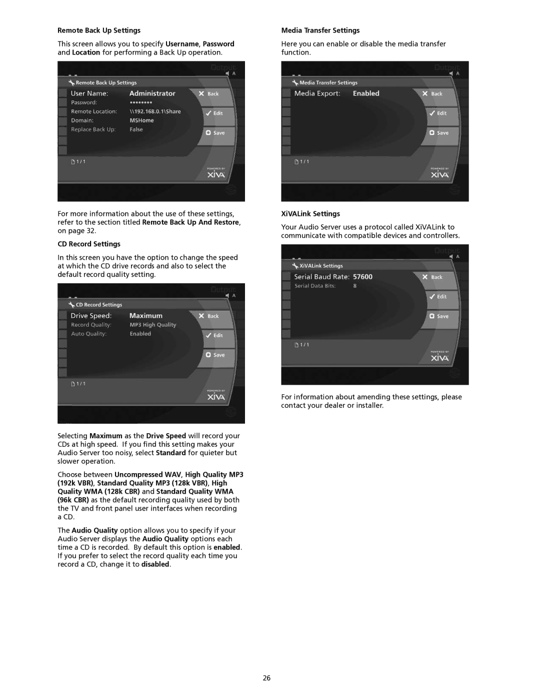 SpeakerCraft Home Theater Server Remote Back Up Settings, CD Record Settings, Media Transfer Settings, XiVALink Settings 