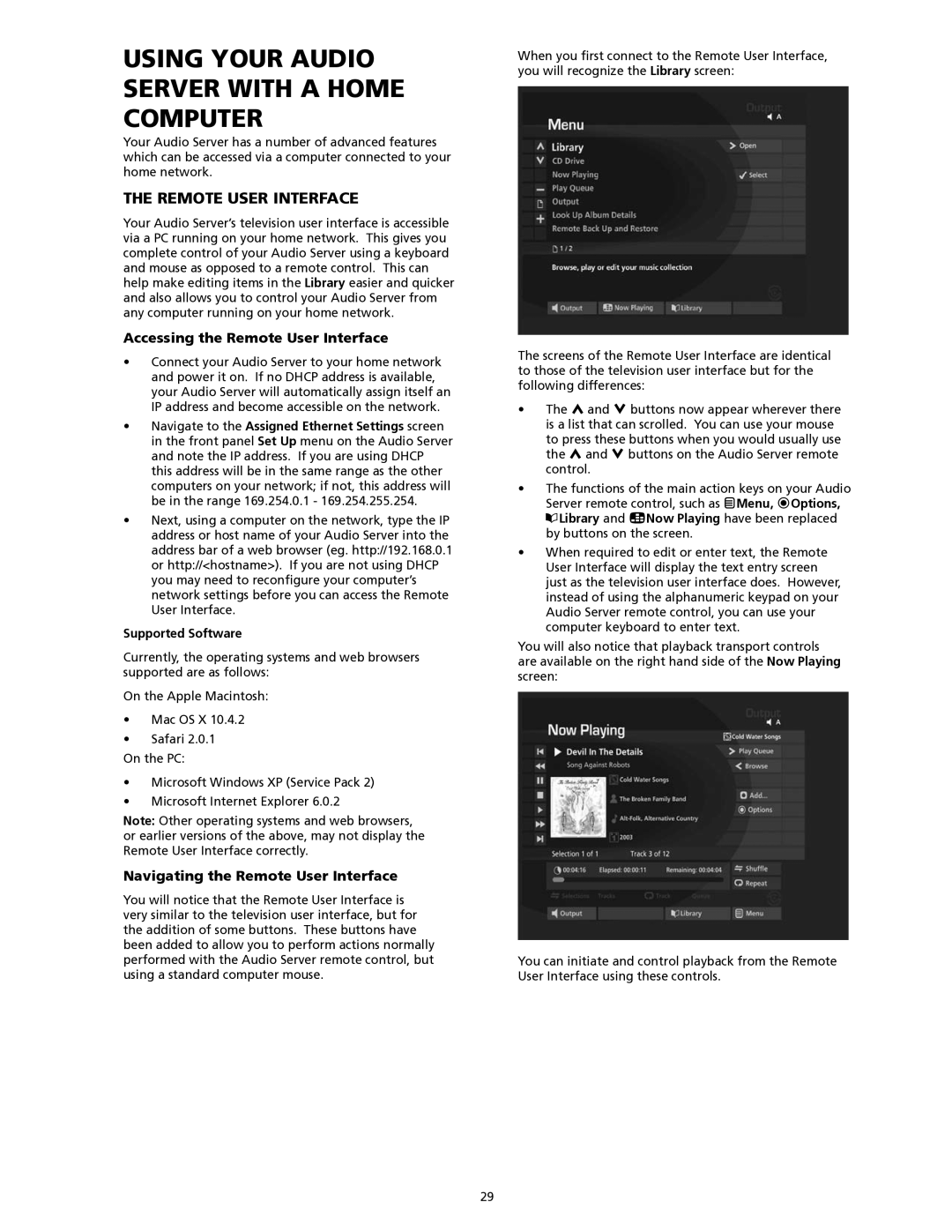 SpeakerCraft Home Theater Server Using your audio server with a home computer, Remote user interface, Supported Software 