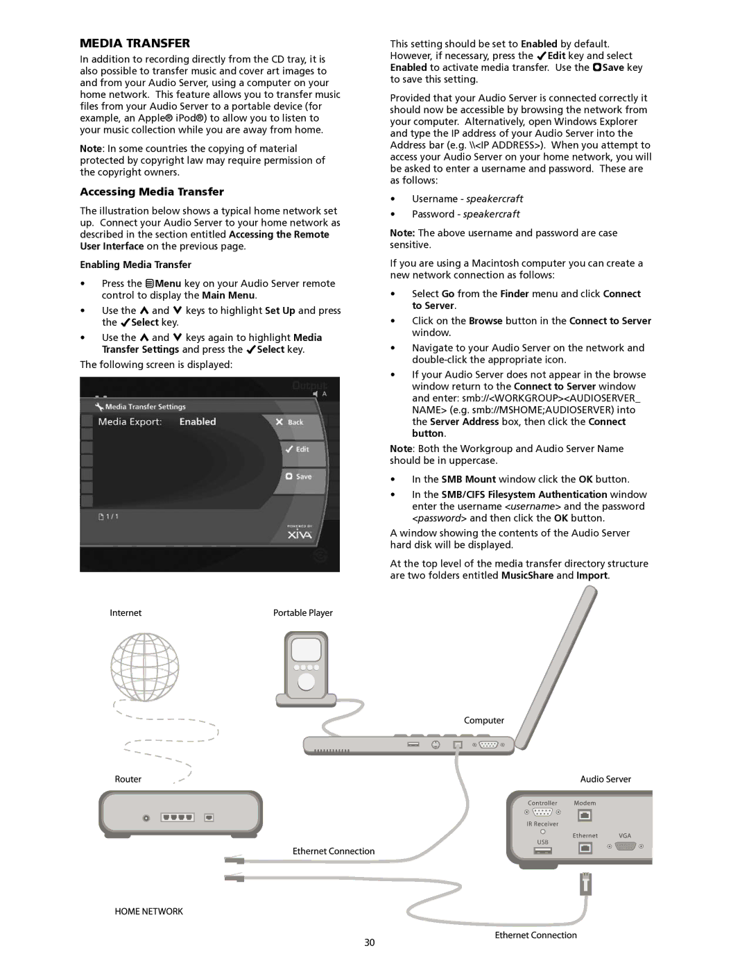 SpeakerCraft Home Theater Server manual Media transfer, Accessing Media Transfer, Enabling Media Transfer 