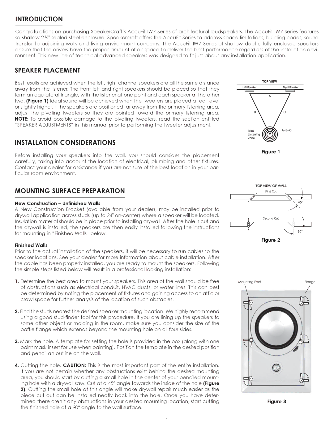 SpeakerCraft IW7 owner manual Introduction, Speaker Placement, Installation Considerations, Mounting Surface Preparation 