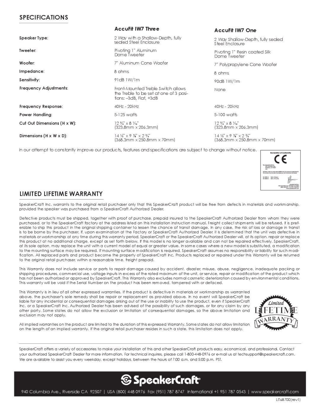 SpeakerCraft IW7 owner manual Specifications, Limited Lifetime Warranty 