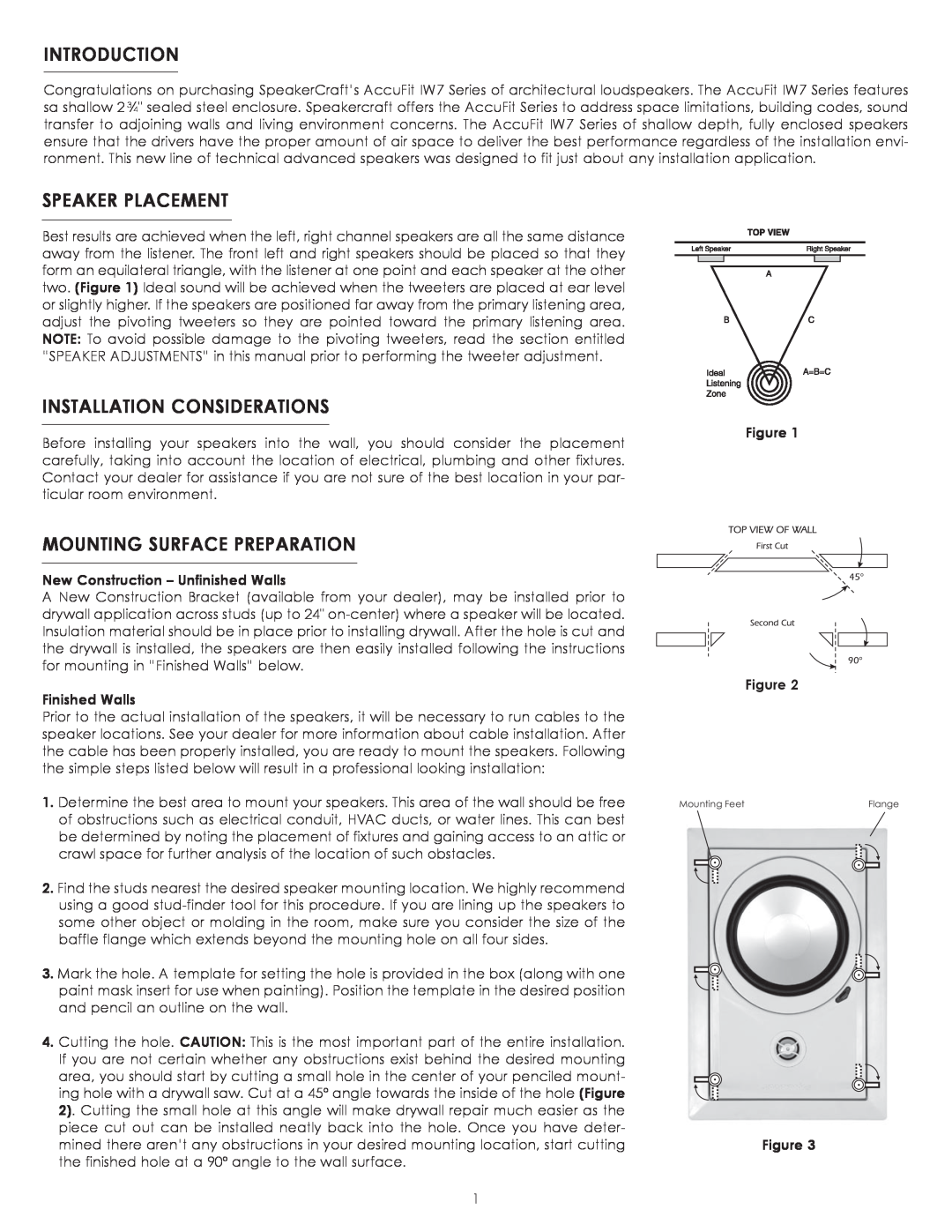 SpeakerCraft IW7 owner manual Introduction, Speaker Placement, Installation Considerations, Mounting Surface Preparation 