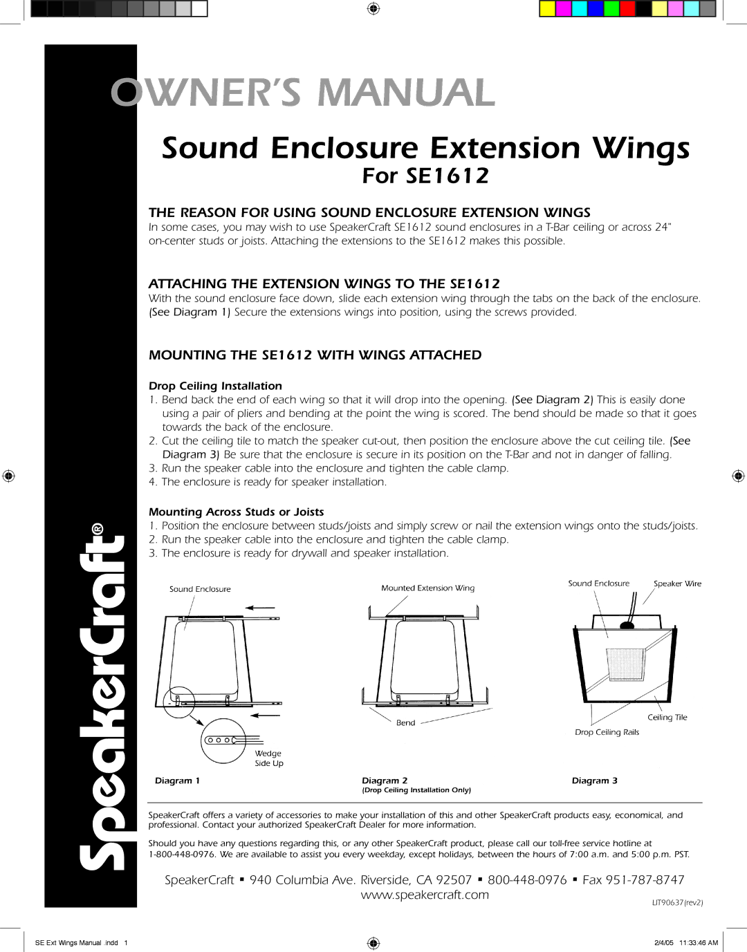 SpeakerCraft owner manual SpeakerCraft, Sound Enclosure Extension Wings, For SE1612 