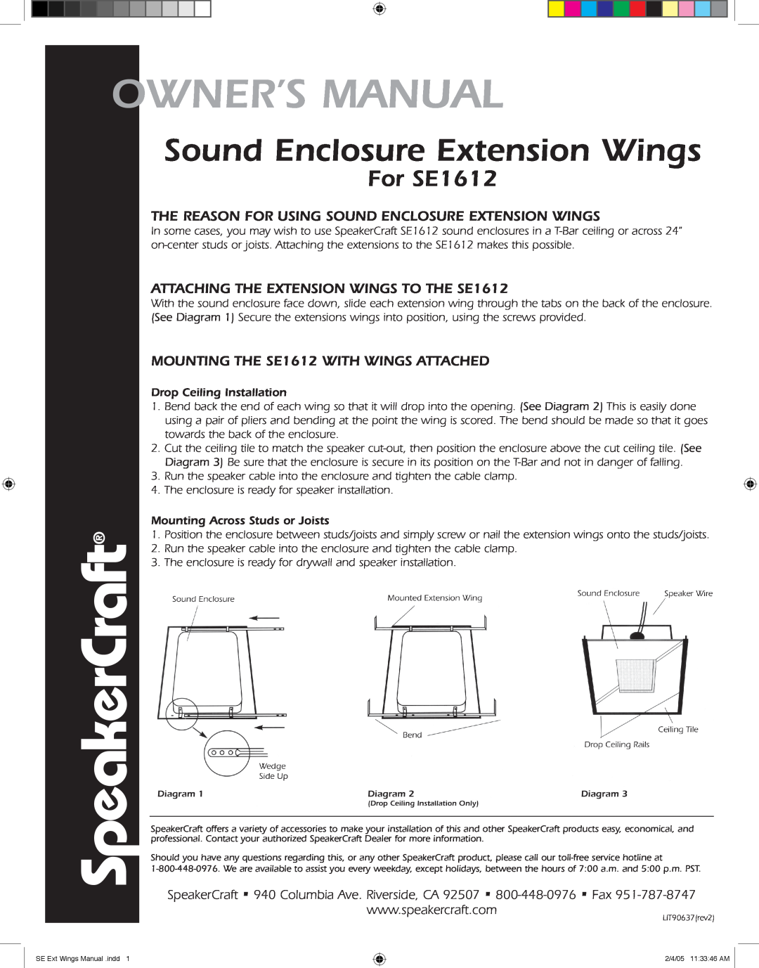 SpeakerCraft owner manual SpeakerCraft, Sound Enclosure Extension Wings, For SE1612 