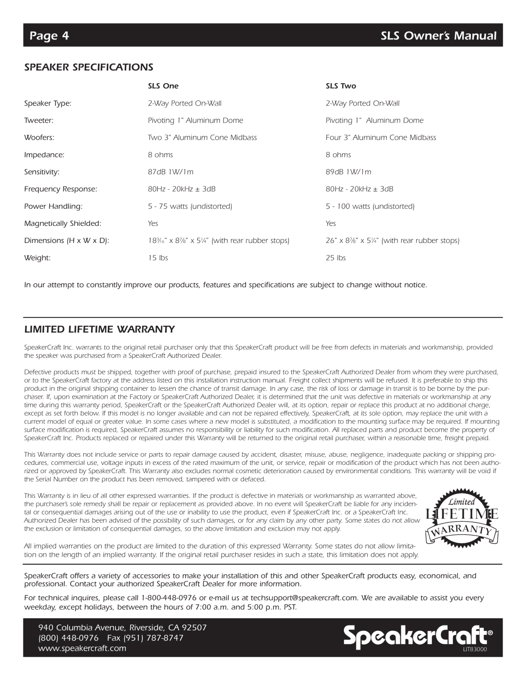 SpeakerCraft SLS owner manual Speaker Specifications, Limited Lifetime Warranty 