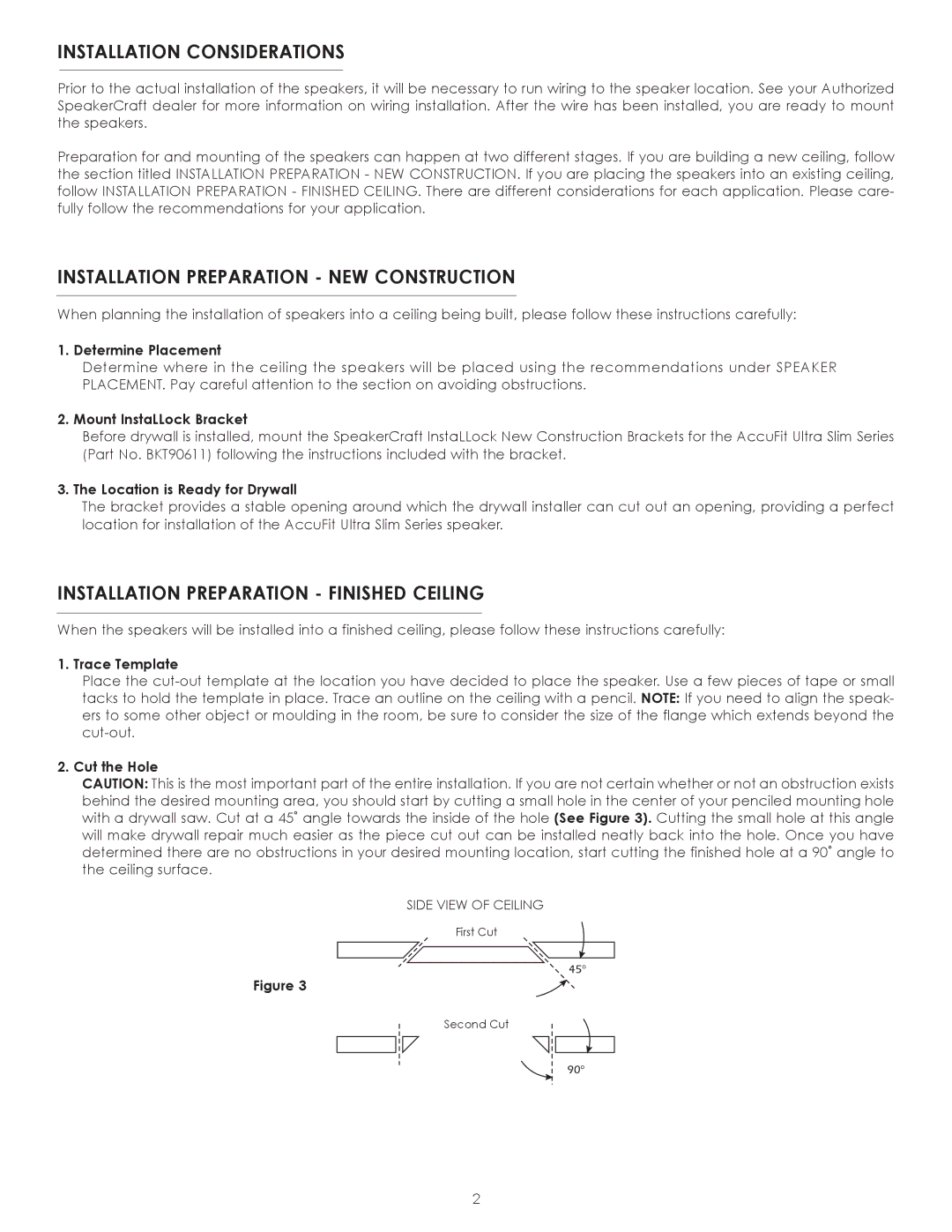 SpeakerCraft Speaker owner manual Installation Considerations, Installation Preparation NEW Construction 