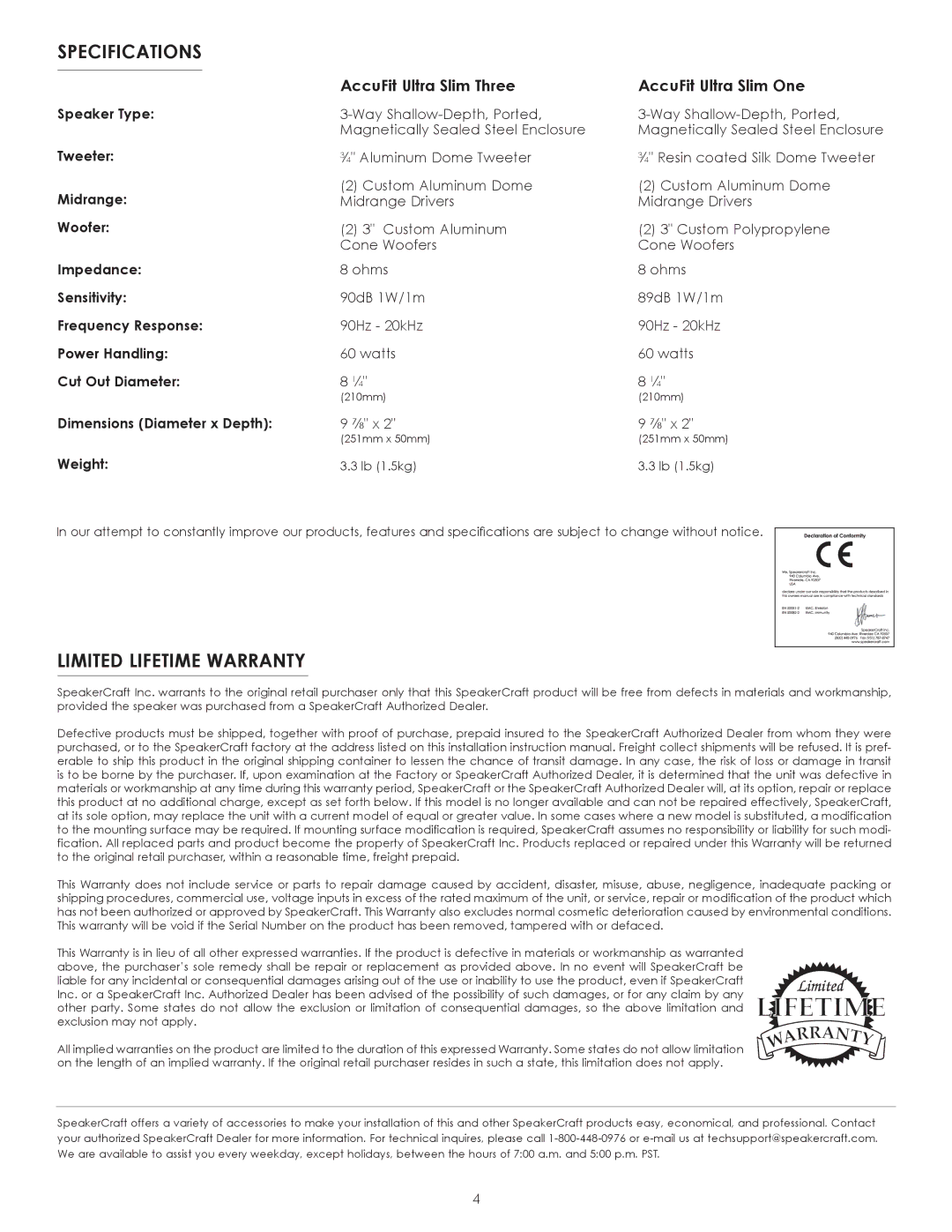 SpeakerCraft Speaker owner manual Specifications, Limited Lifetime Warranty 