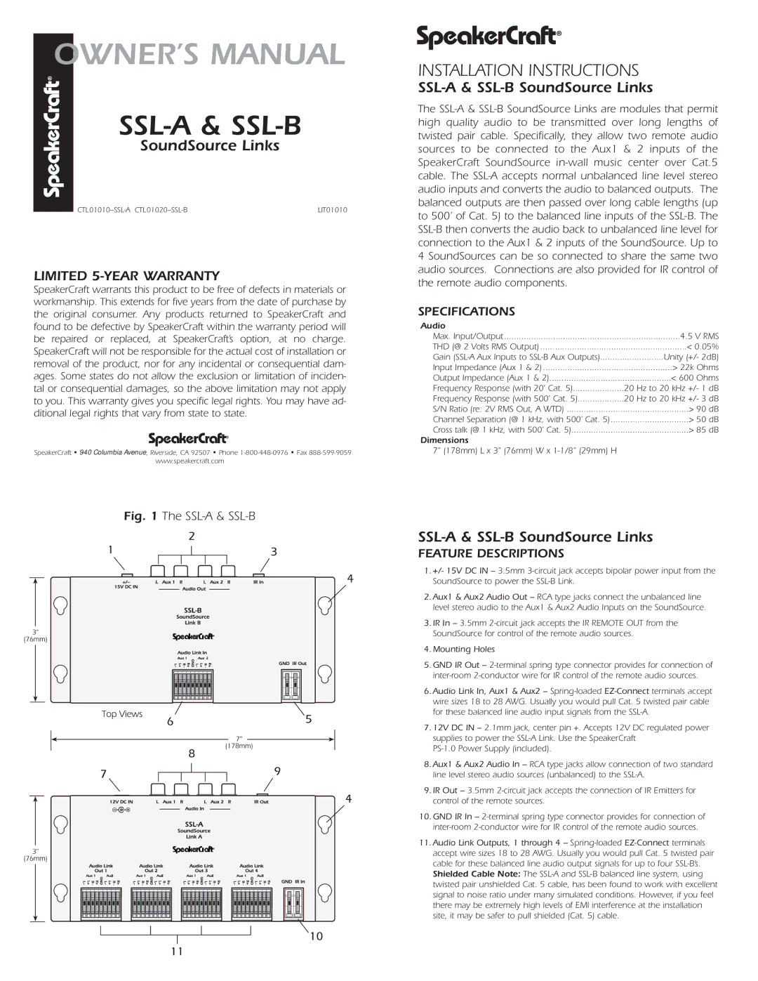 SpeakerCraft SSL-A, SSL-B owner manual Specifications, Feature Descriptions 