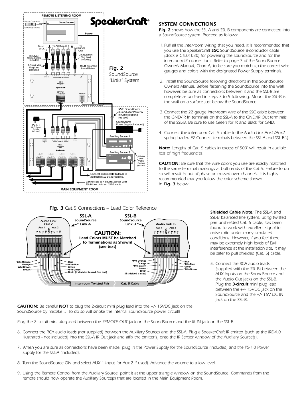 SpeakerCraft SSL-B, SSL-A owner manual System Connections, Cat.5 Connections Lead Color Reference 