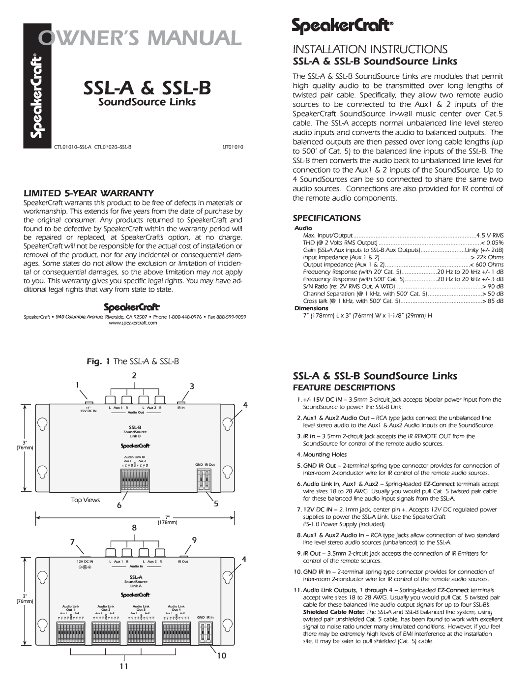 SpeakerCraft owner manual SpeakerCraft, The SSL-A& SSL-B, Specifications, Feature Descriptions, Ssl-A& Ssl-B 