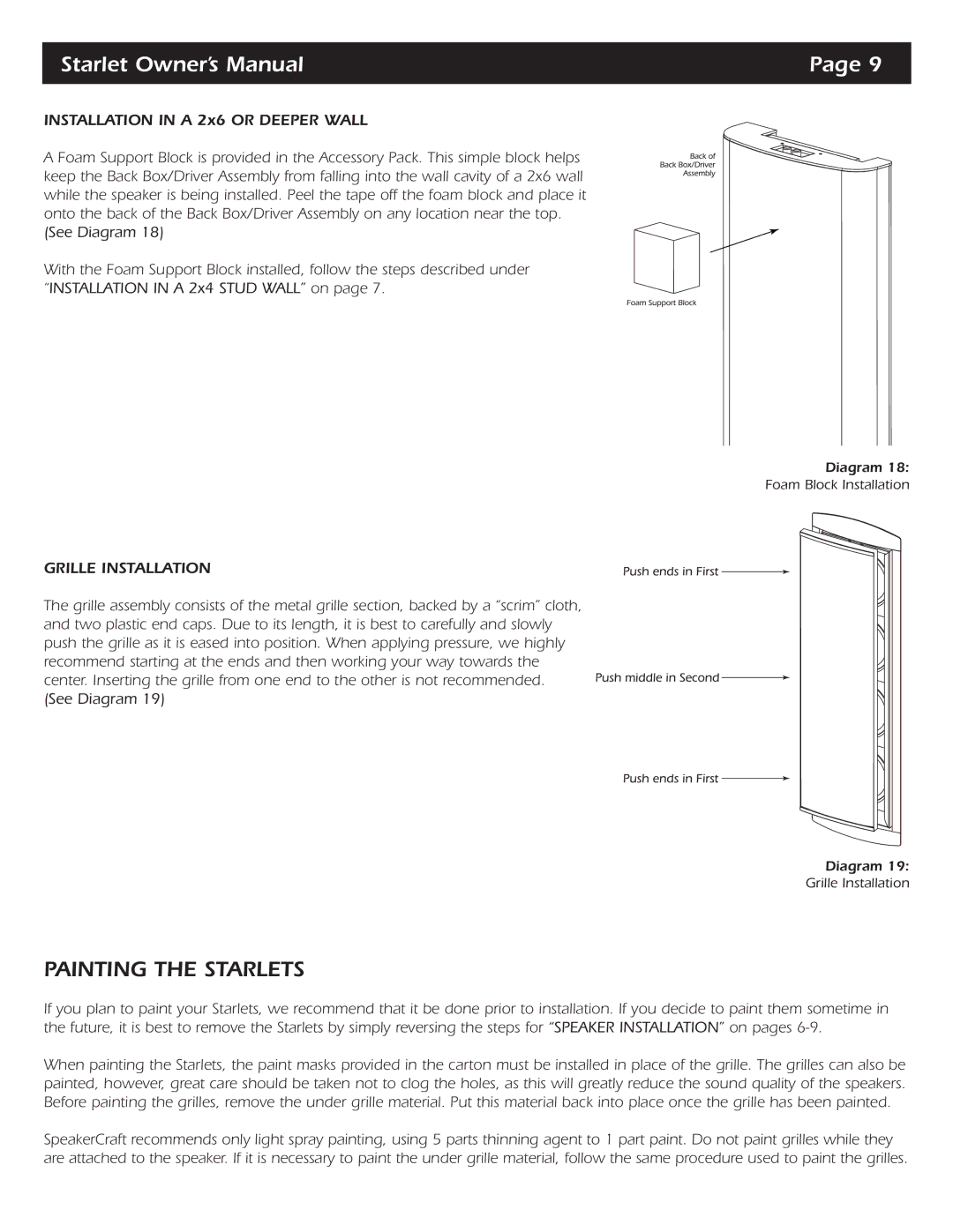 SpeakerCraft Starlet 6, Starlet 9, Starlet 4 owner manual Painting the Starlets, Grille Installation 