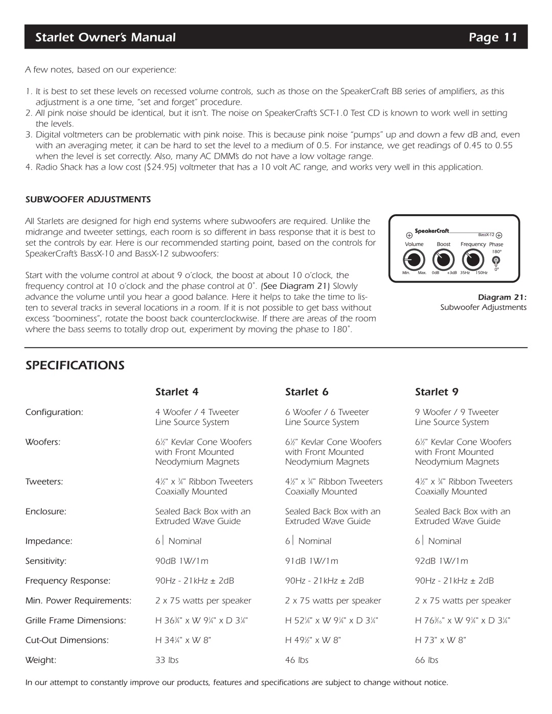 SpeakerCraft Starlet 9, Starlet 6, Starlet 4 owner manual Specifications, Subwoofer Adjustments 