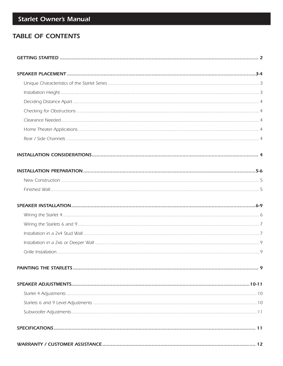 SpeakerCraft Starlet 4, Starlet 9, Starlet 6 owner manual Table of Contents 