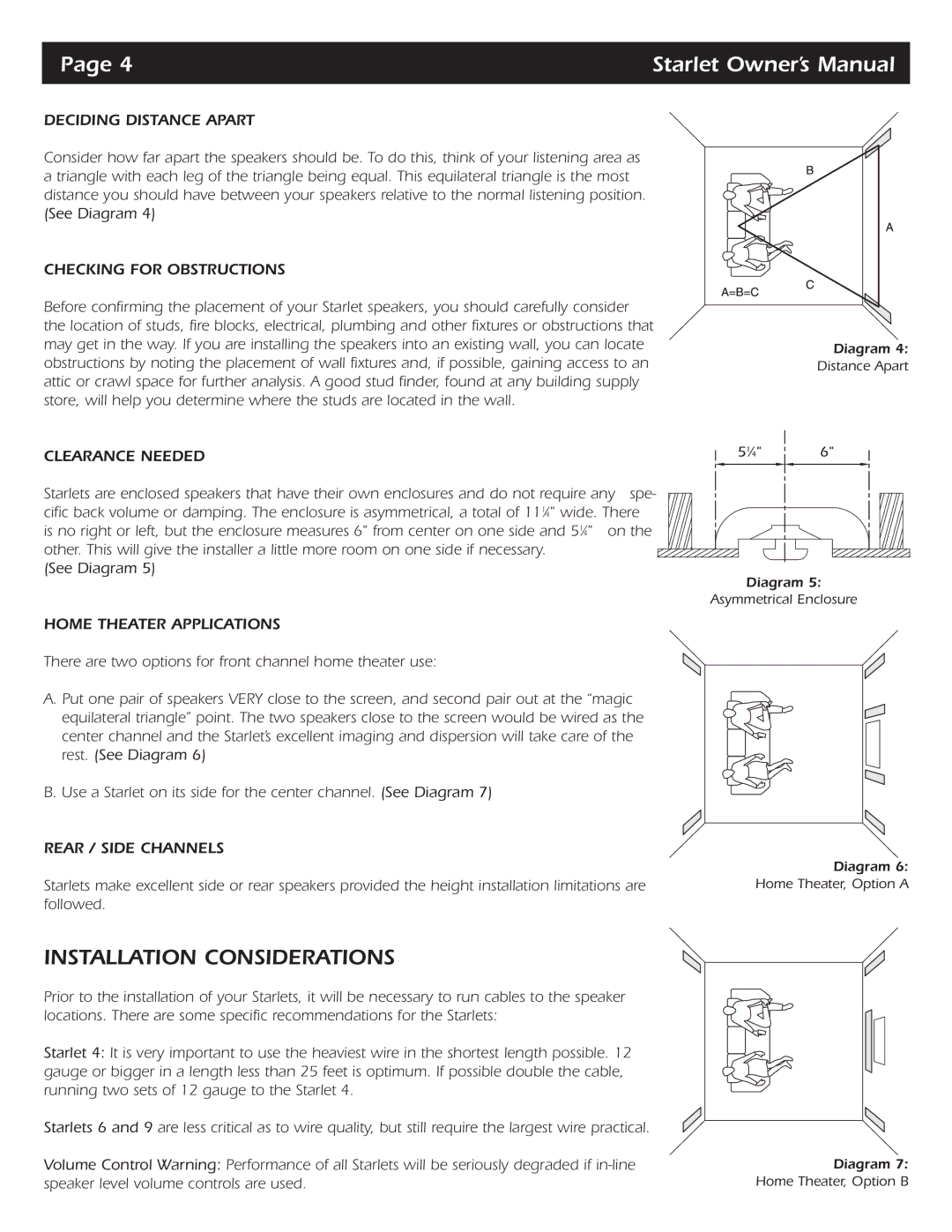 SpeakerCraft Starlet 4, Starlet 9, Starlet 6 owner manual Installation Considerations 