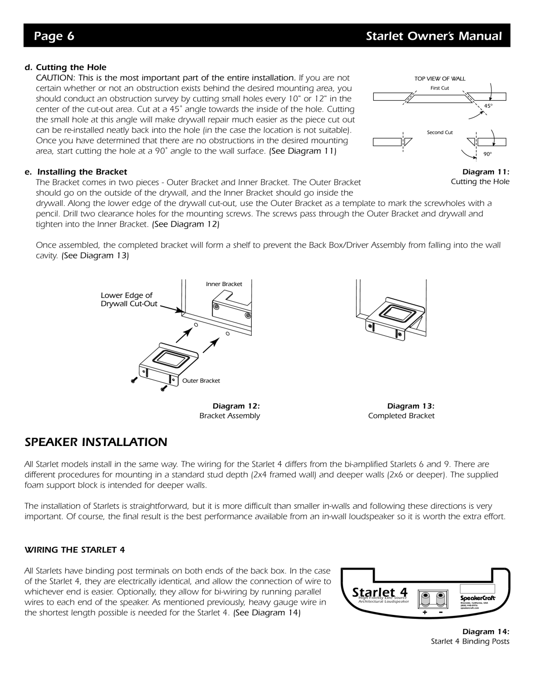 SpeakerCraft Starlet 6, Starlet 9, Starlet 4 owner manual Speaker Installation, Wiring the Starlet 