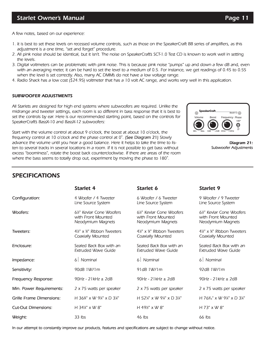 SpeakerCraft Starlet 9, Starlet 6, Starlet 4 owner manual Specifications, Page 