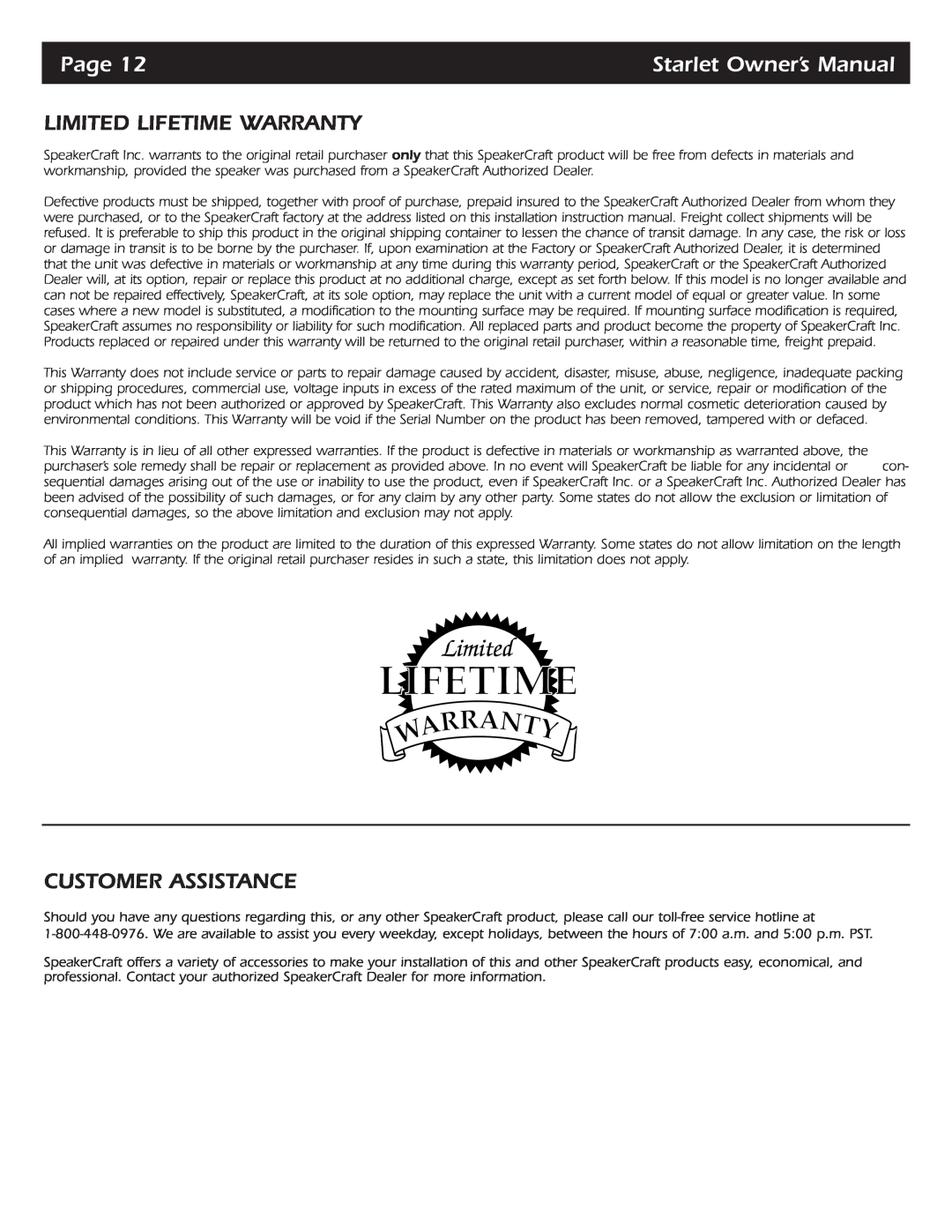 SpeakerCraft Starlet 6, Starlet 9, Starlet 4 owner manual Limited Lifetime Warranty, Customer Assistance, Page 