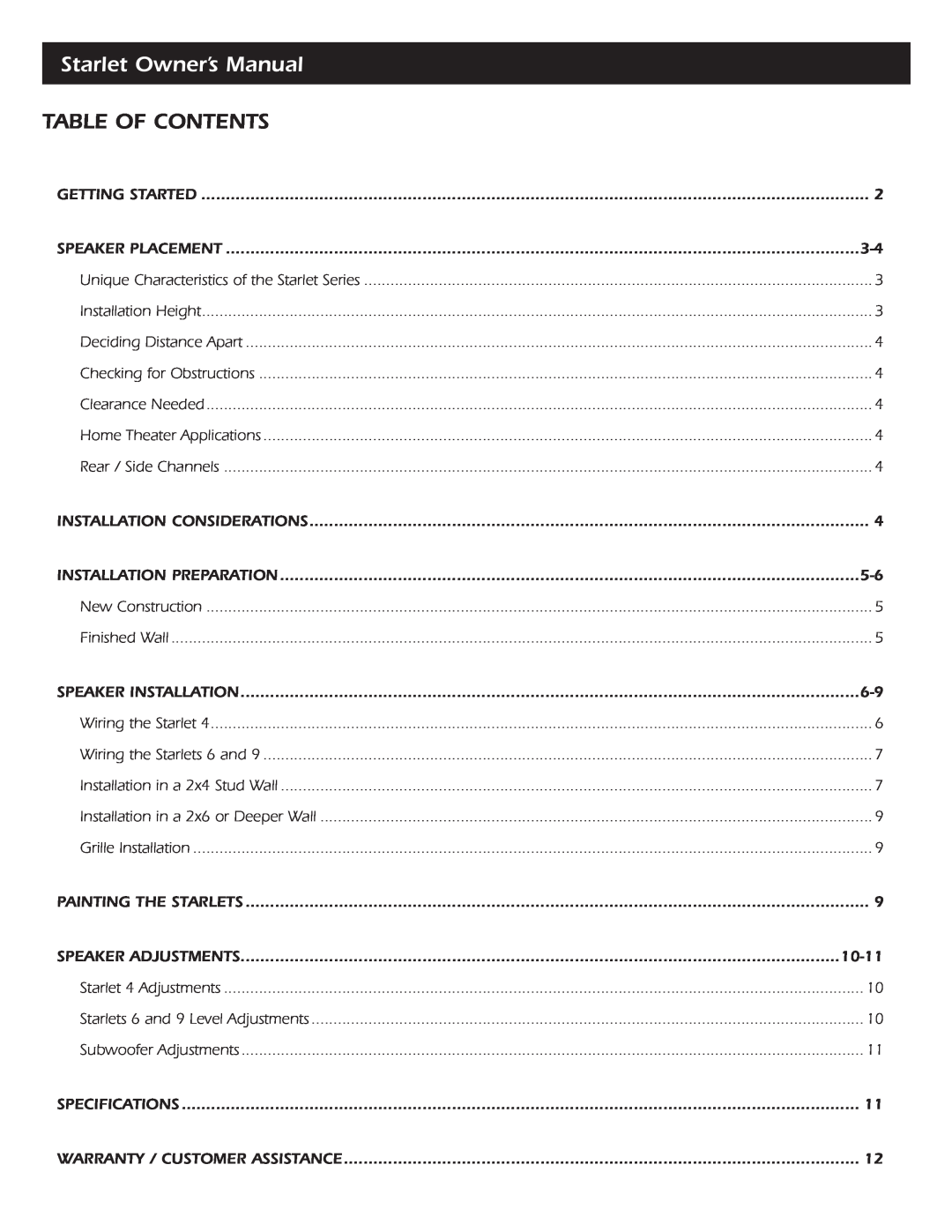SpeakerCraft Starlet 4, Starlet 9, Starlet 6 owner manual Table Of Contents 