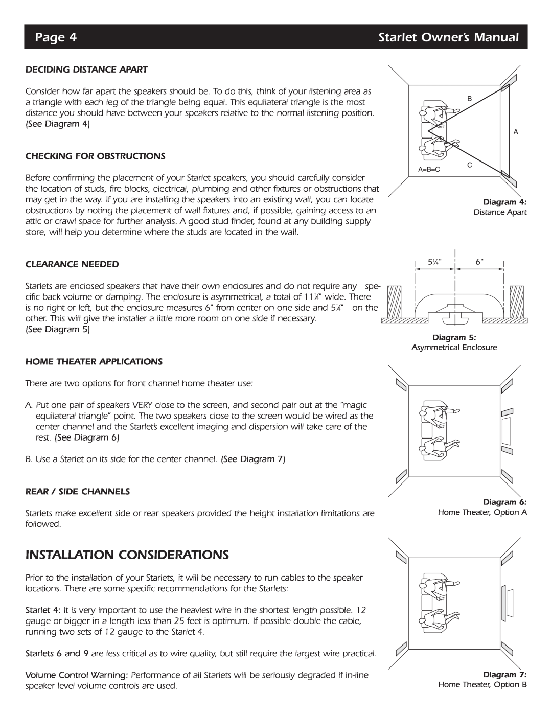 SpeakerCraft Starlet 4, Starlet 9, Starlet 6 owner manual Installation Considerations, Page 