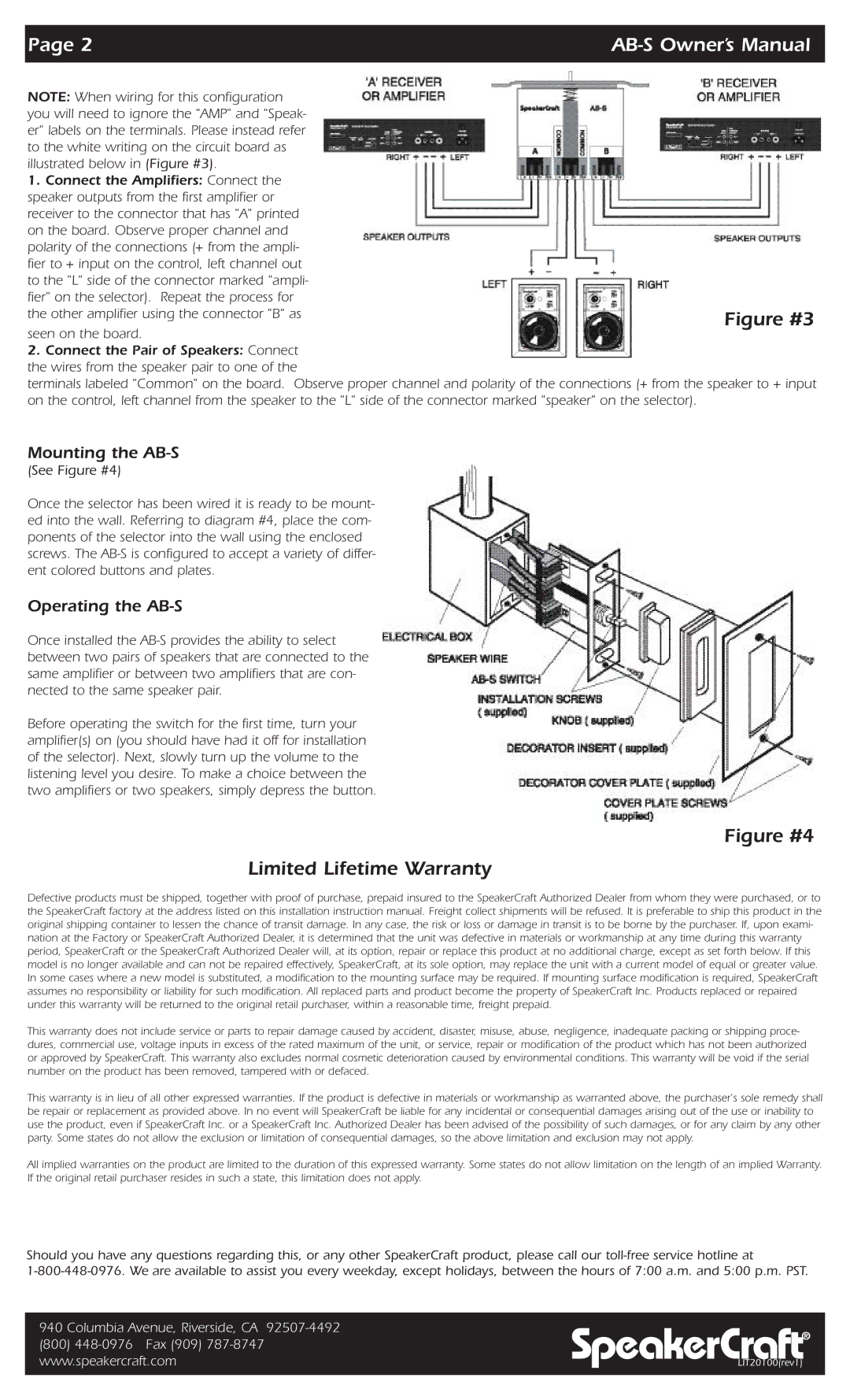 SpeakerCraft Switch owner manual Mounting the AB-S, Operating the AB-S 