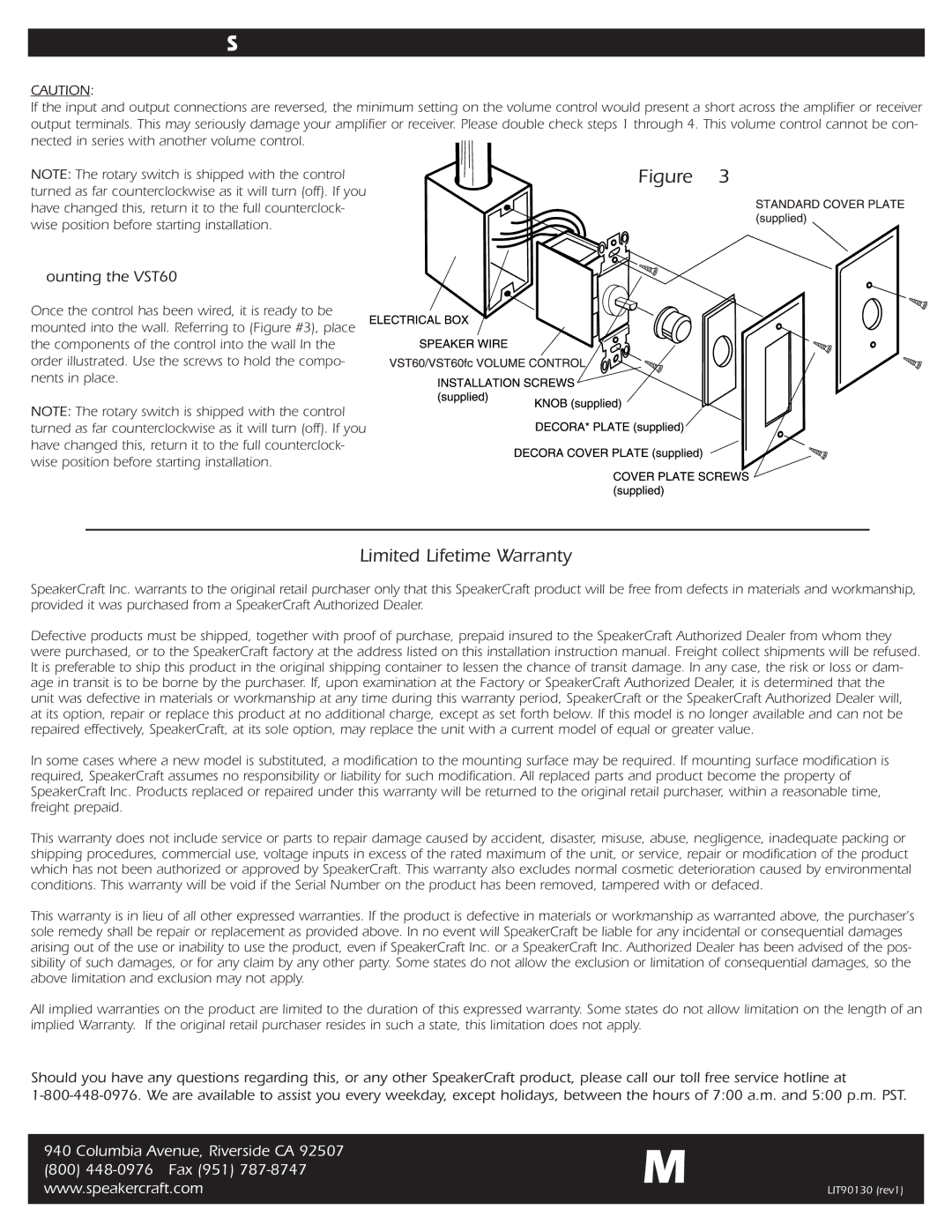 SpeakerCraft owner manual Limited Lifetime Warranty, Mounting the VST60 