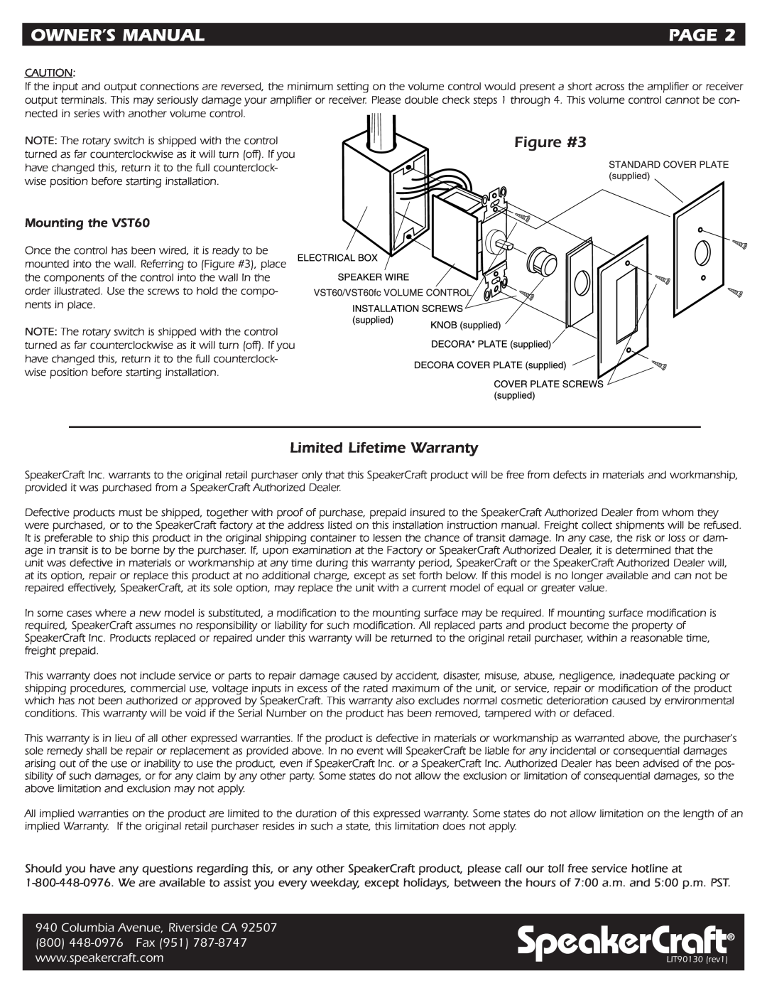 SpeakerCraft VST60 owner manual Limited Lifetime Warranty, SpeakerCraft, Page, Figure #3, Columbia Avenue, Riverside CA 