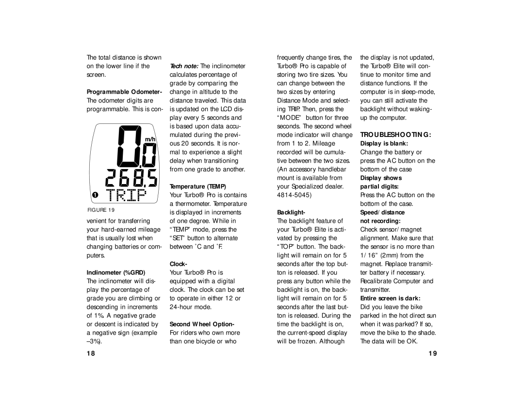 Specialized 23A manual Total distance is shown on the lower line if the screen, Temperature Temp, Backlight 