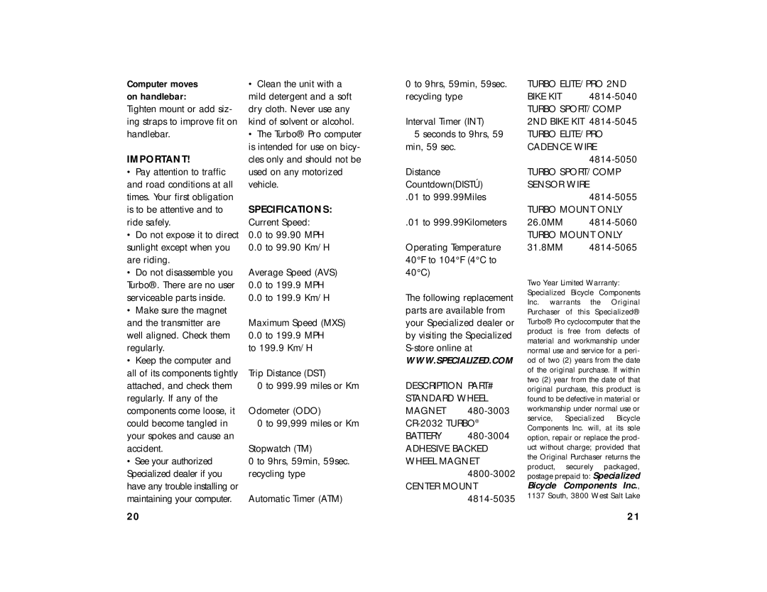 Specialized 23A manual Specifications 