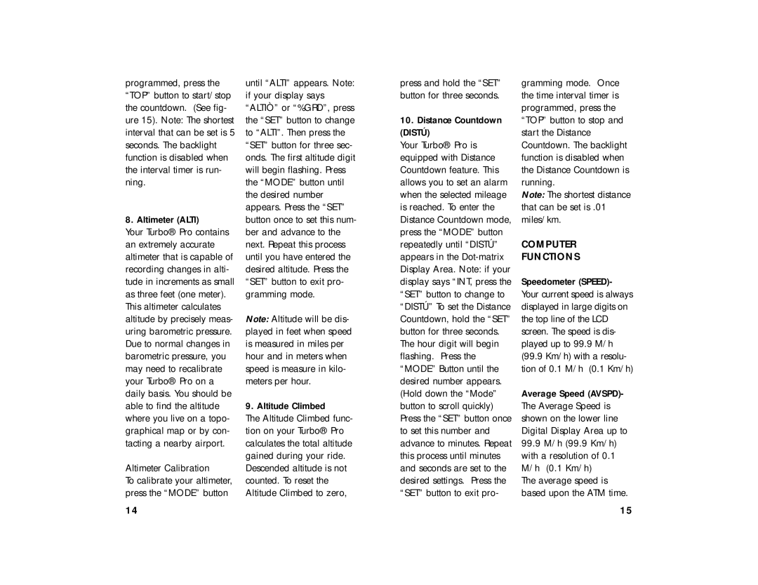 Specialized 23A manual Altimeter Calibration, Distance Countdown Distú, Computer Functions 