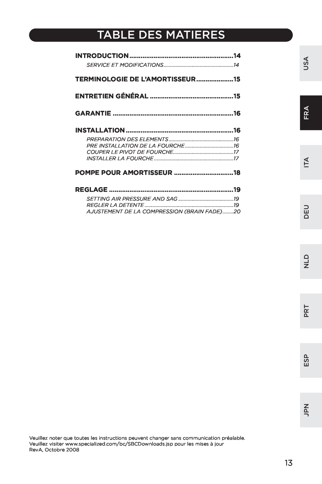 Specialized AFR S120 Table Des Matieres, Terminologie De L’Amortisseur, Entretien Général, Garantie, Reglage, Introduction 