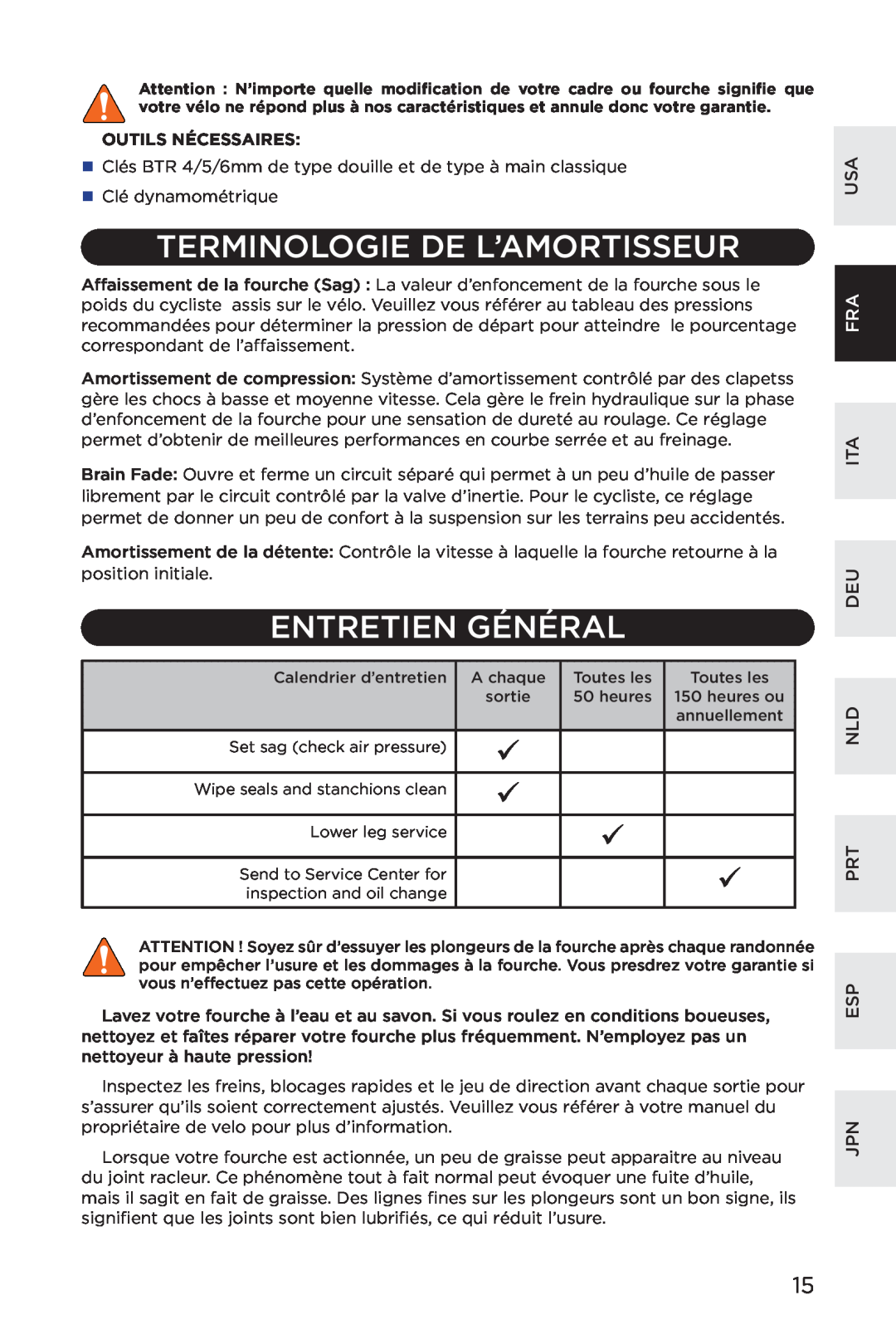 Specialized AFR E100 manual Terminologie De L’Amortisseur, Entretien Général, Outils Nécessaires, Ita Deu Nld Prt Esp Jpn 