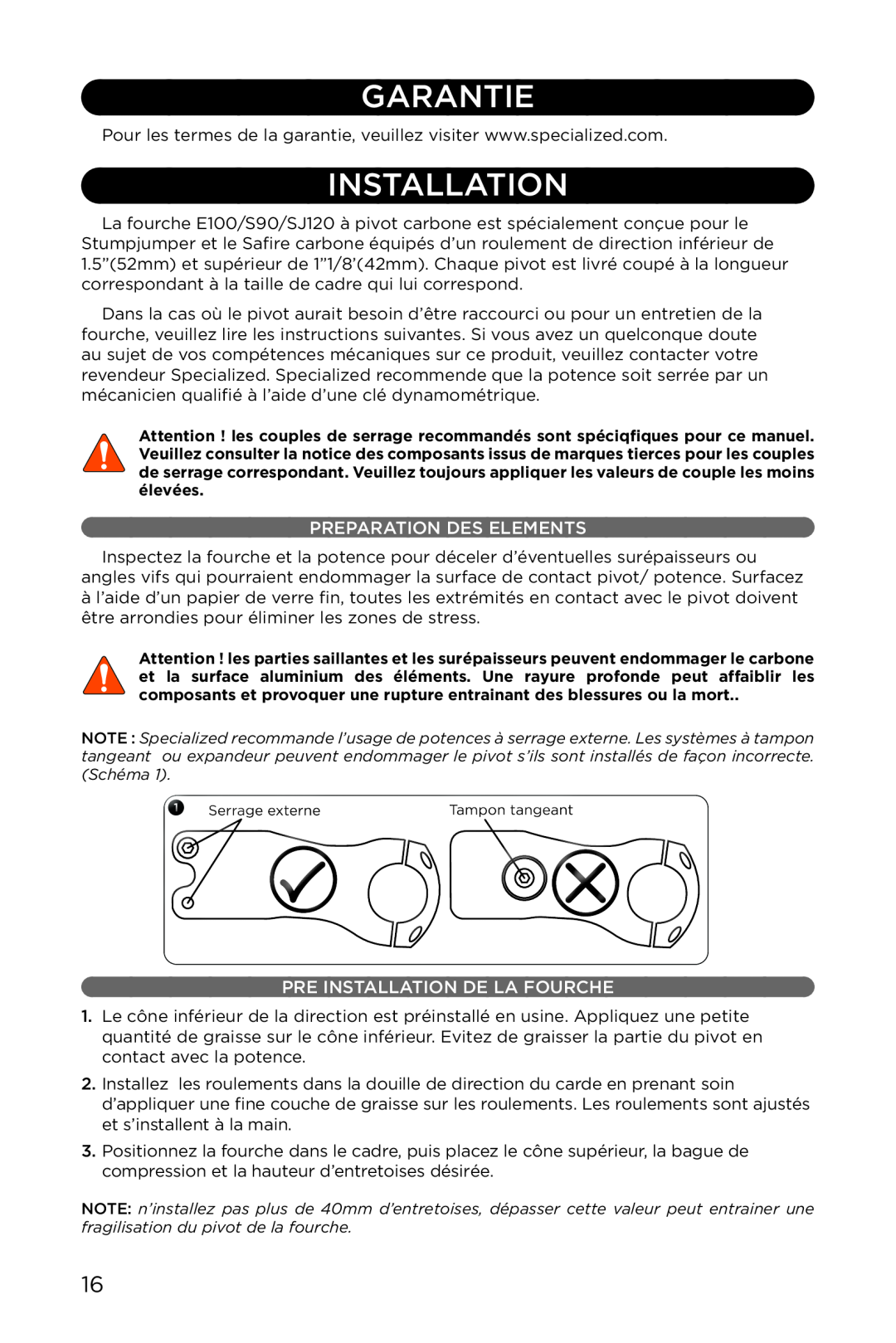 Specialized AFR S120, AFR E100, AFR S90 manual Garantie, Preparation Des Elements, Pre Installation De La Fourche 