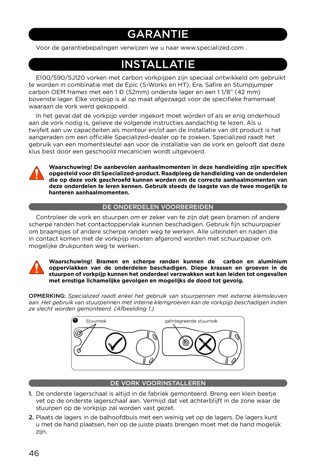 Specialized AFR S120, AFR E100, AFR S90 manual Installatie, De Onderdelen Voorbereiden, De Vork Voorinstalleren, Garantie 