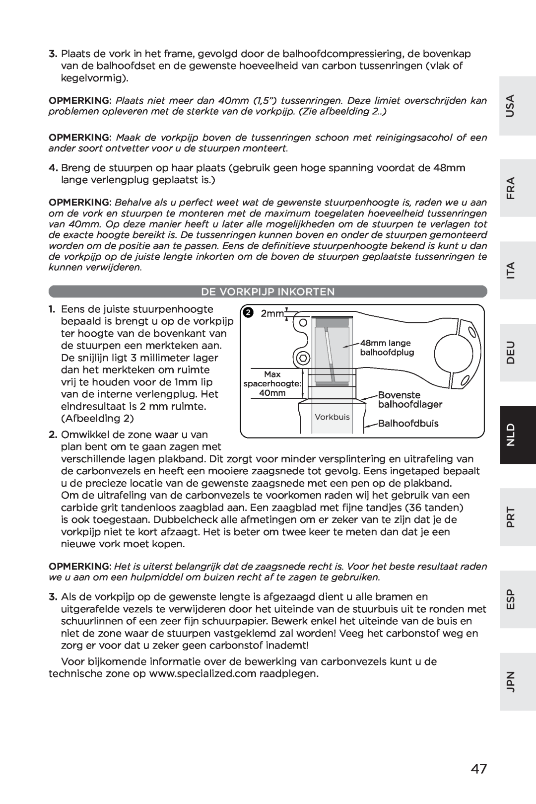 Specialized AFR S90, AFR E100, AFR S120 manual De Vorkpijp Inkorten, Usa Fra Ita Deu, Prt Esp Jpn 