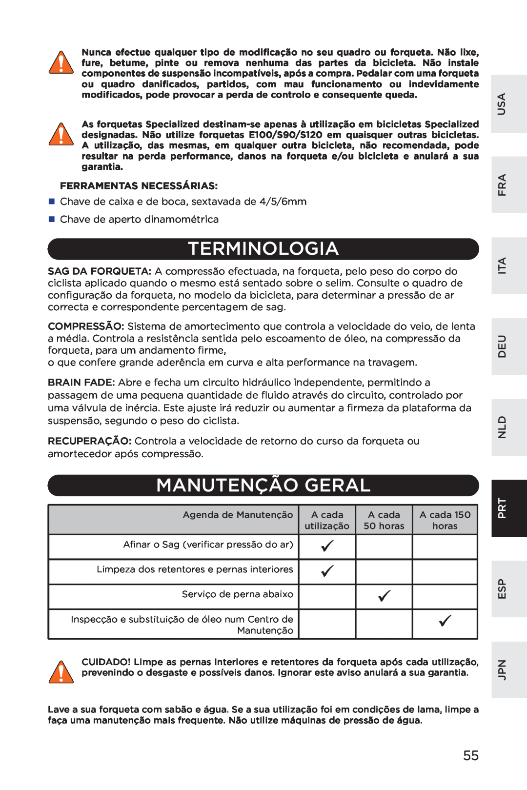 Specialized AFR S120, AFR E100, AFR S90 manual Manutenção Geral, Ferramentas Necessárias, Terminologia, Usa Fra Ita Deu Nld 