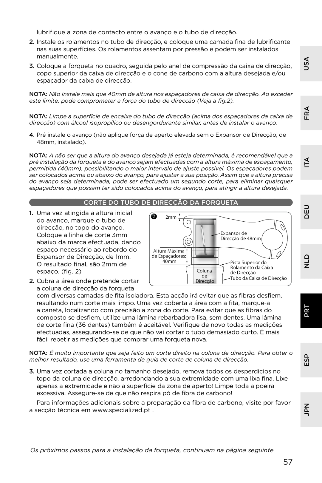 Specialized AFR E100, AFR S120, AFR S90 manual Corte Do Tubo De Direcção Da Forqueta, Usa Fra Ita, Deu Nld, Esp Jpn 