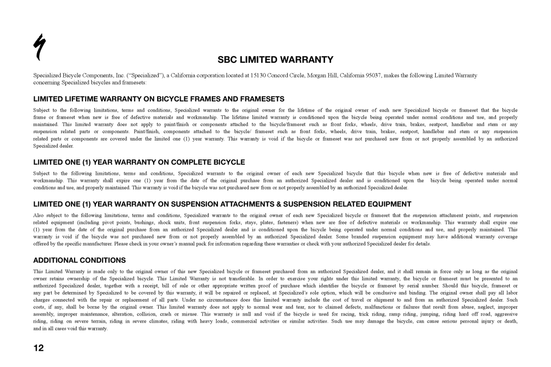 Specialized BigHit manual Limited Lifetime Warranty on Bicycle Frames and Framesets, Additional Conditions 