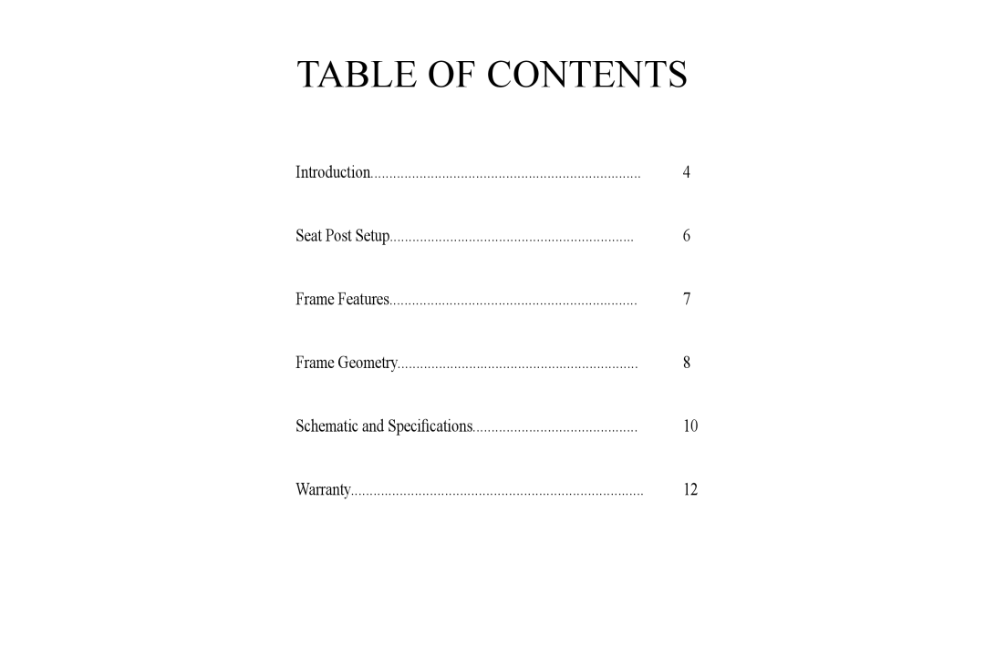 Specialized BigHit manual Table of Contents 