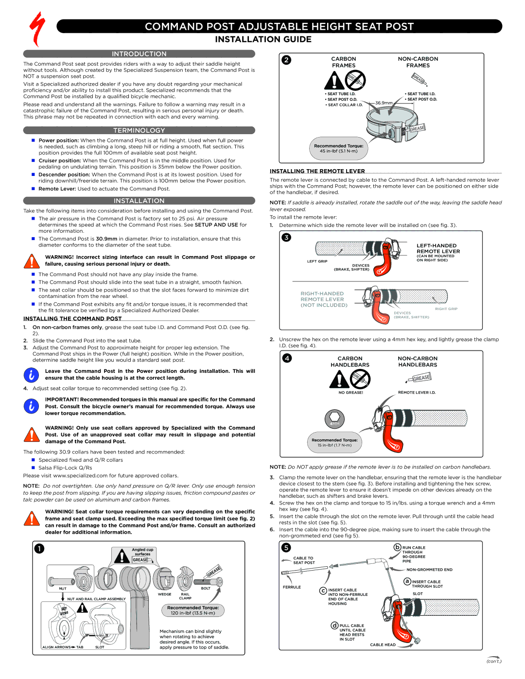 Specialized Command Post Adjustable Height Seat Post manual Introduction, Terminology, Installation 